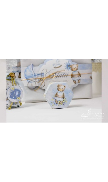 Trusou botez cu ursuleti ponei si flori albastre Teddy Bear Blue 17